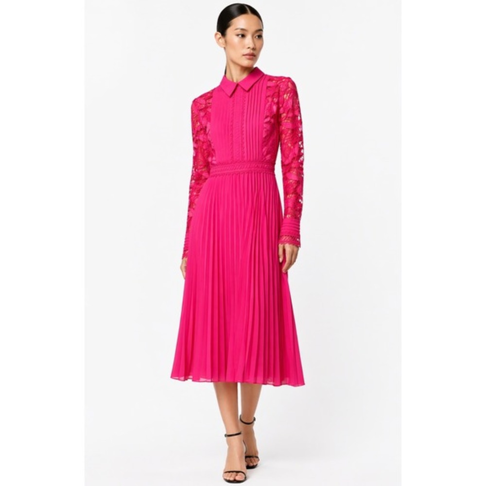 Coast Pink Lace Pleated Midi Dress Long‎ Sleeve Collared Fuchsia US 10 NEW